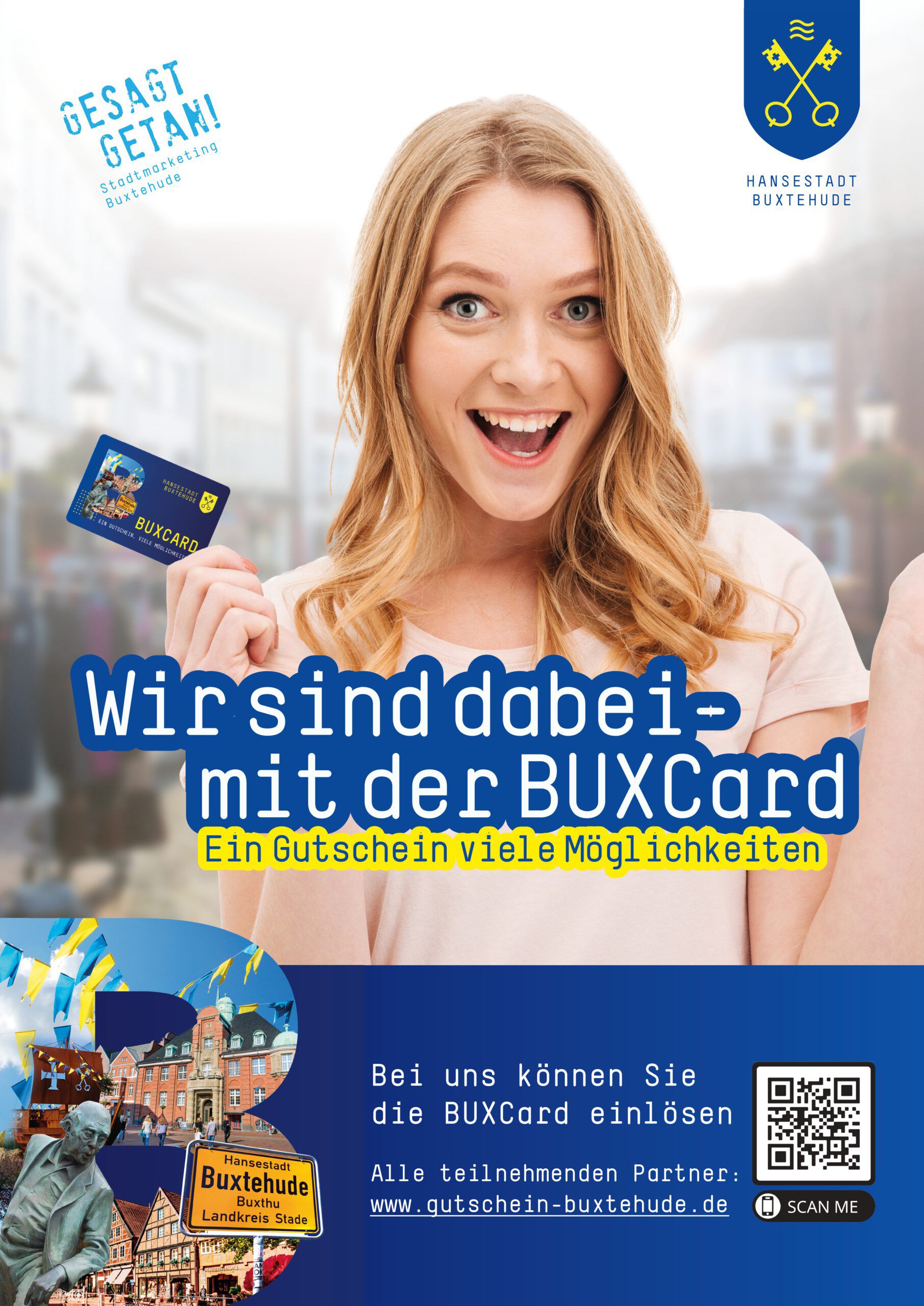BUXCard-Poster Frau mit BUXCard, Wir sind dabei.