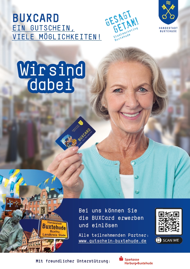 BUXCard-Poster Frau mit BUXCard, Wir sind dabei.