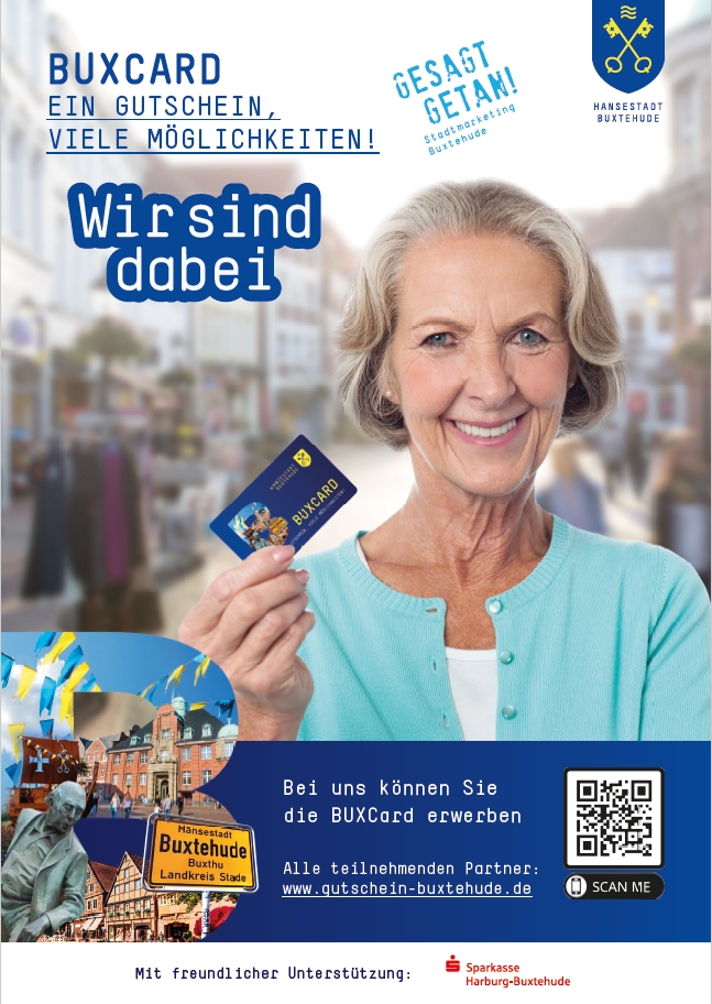 BUXCard-Poster Frau mit BUXCard, Wir sind dabei.