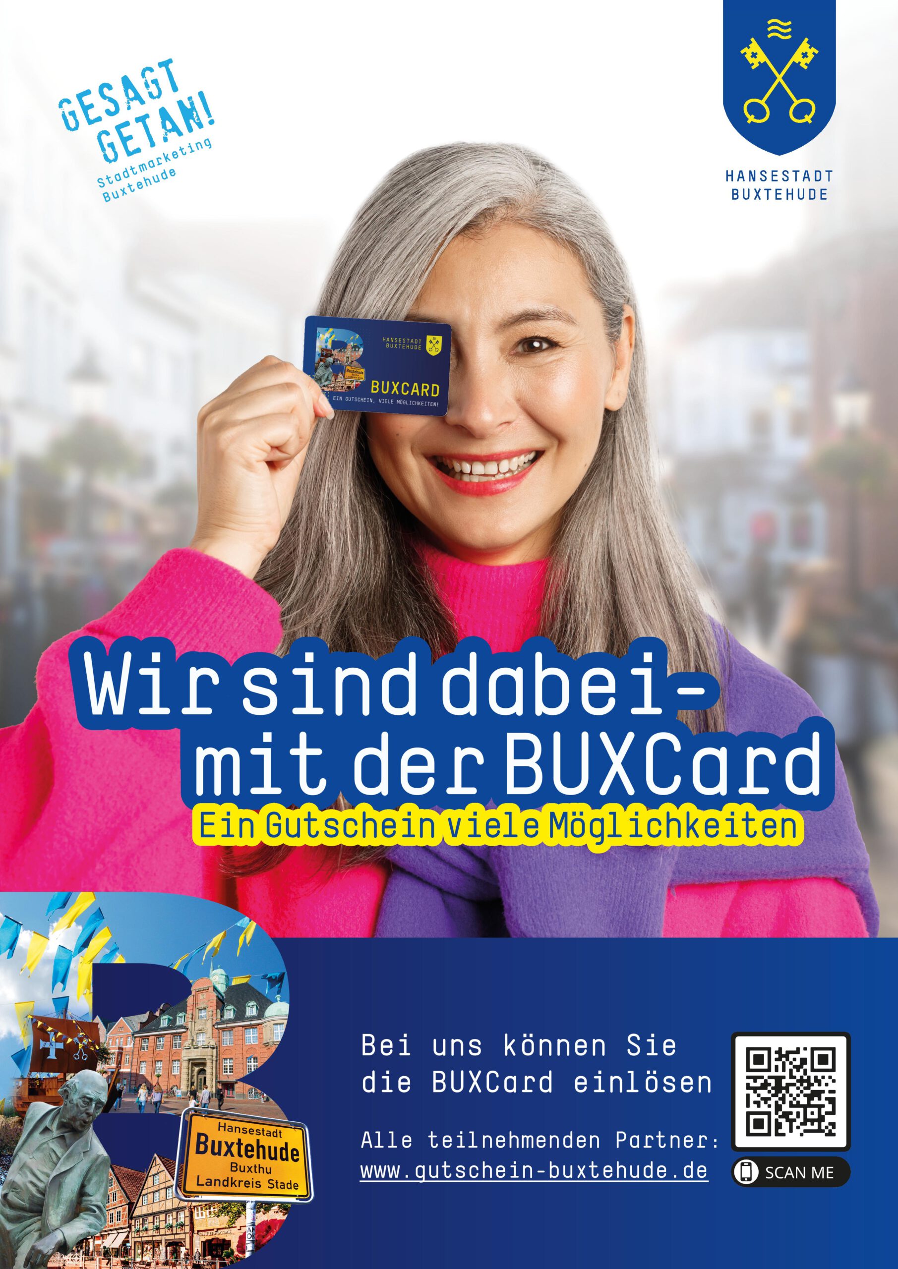 BUXCard-Poster Frau mit BUXCard, Wir sind dabei.