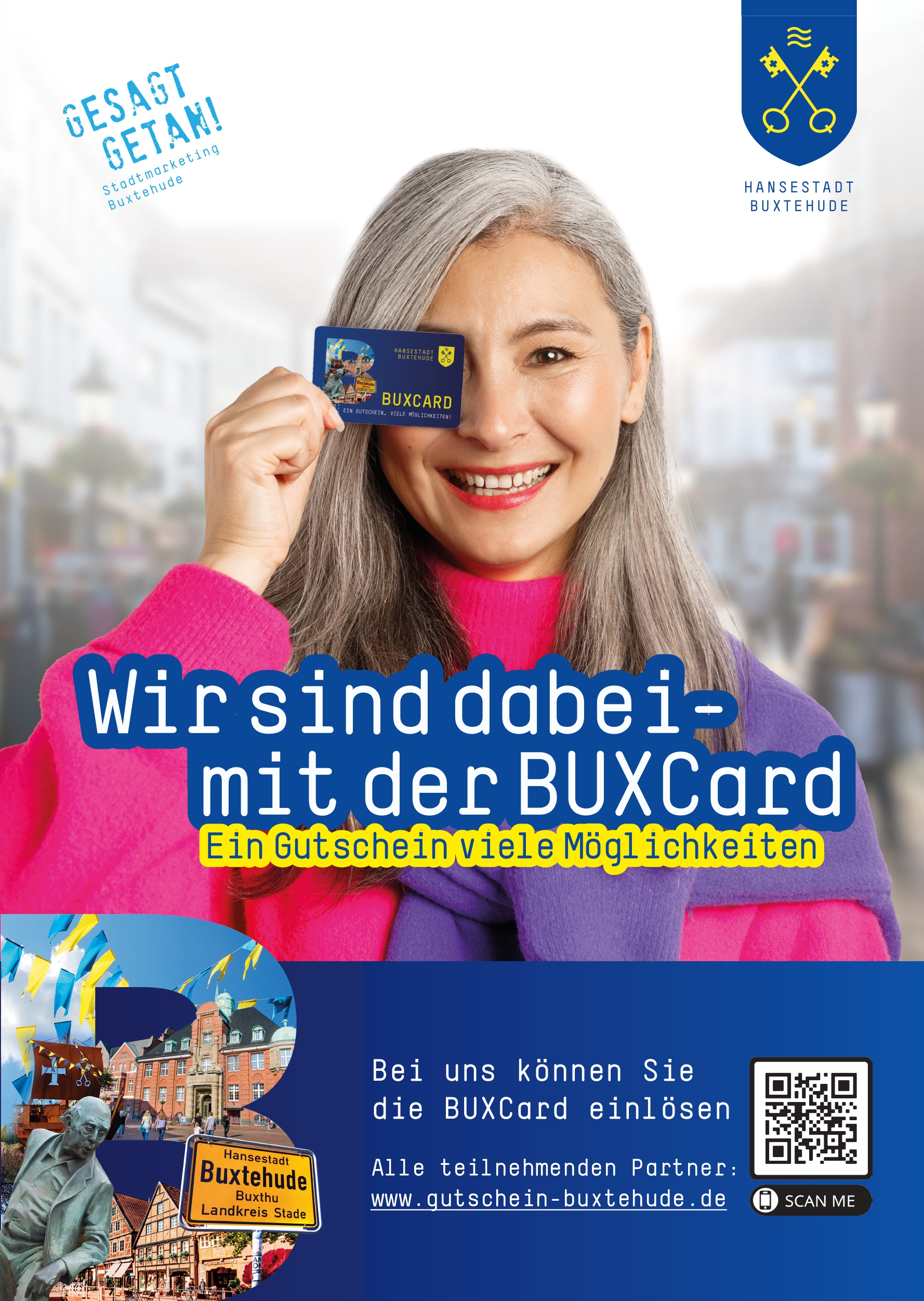 BUXCard-Poster Frau mit BUXCard, Wir sind dabei.