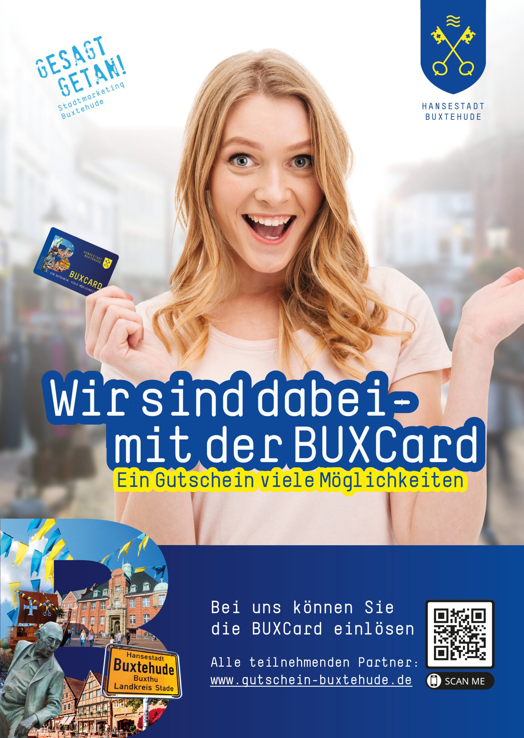 BUXCard-Poster Frau mit BUXCard, Wir sind dabei.