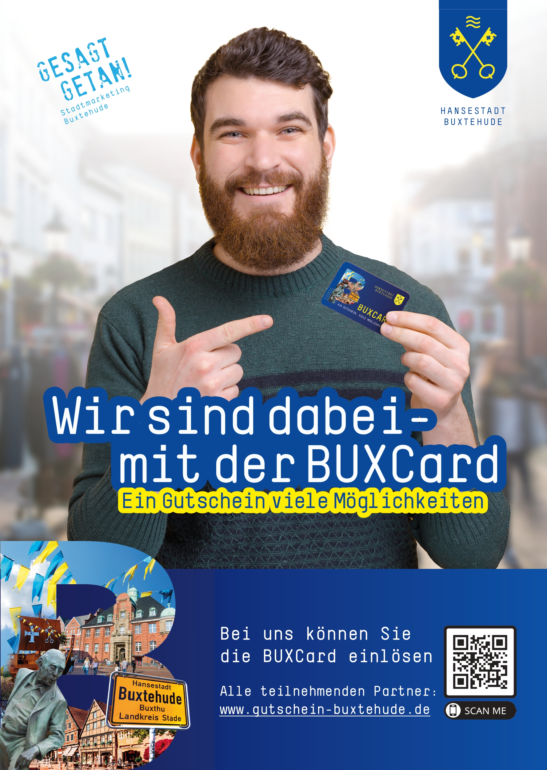 BUXCard-Poster Frau mit BUXCard, Wir sind dabei.